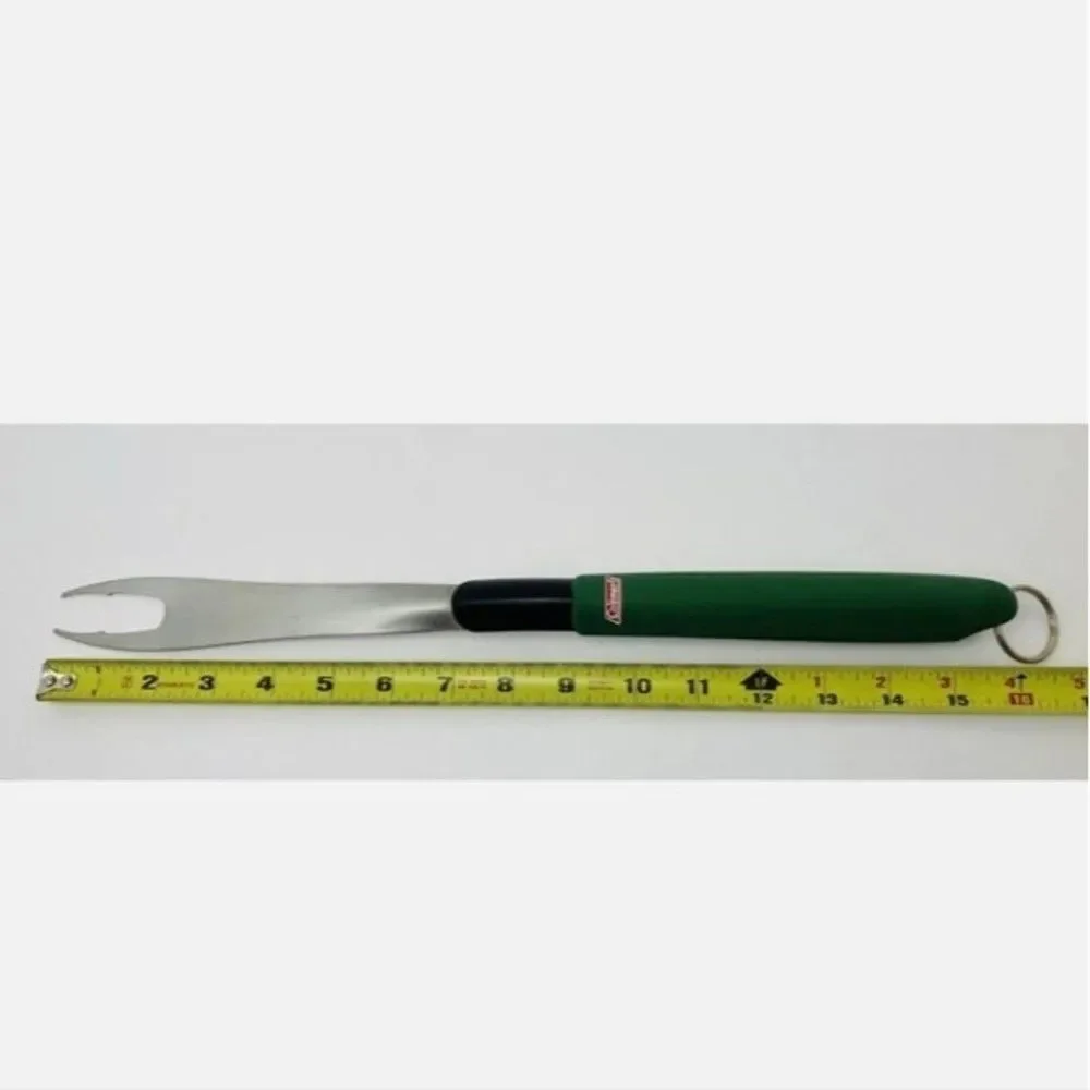 Meat Fork Coleman BBQ Grill Tool Green Handle Stainless Steel kitchen vtg